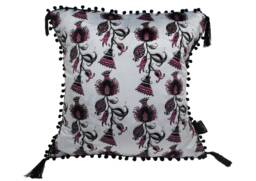 Black, Grey, Velvet, Highland Thistle, Scottish Flower Contemporary, Luxury Cushion, Thistle, Floral, Pom-Poms - thumbnail 1