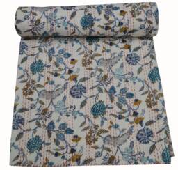 Indian Floral Print Queen Cotton Kantha Quilt Throw Blanket Bedspread White 90x108 Inch - thumbnail 1