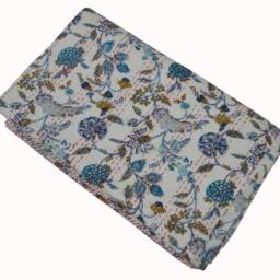 Indian Floral Print Queen Cotton Kantha Quilt Throw Blanket Bedspread White 90x108 Inch - thumbnail 4