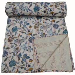 Indian Floral Print Queen Cotton Kantha Quilt Throw Blanket Bedspread White 90x108 Inch - thumbnail 3