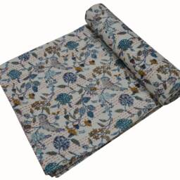 Indian Floral Print Queen Cotton Kantha Quilt Throw Blanket Bedspread White 90x108 Inch - thumbnail 2
