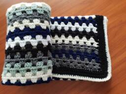 Crochet Baby Blanket, Boho Style, Unisex Blanket in Neutral Colors Navy Blue, White, Black Ooak 31 Inches X 38 Free Shipping