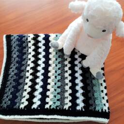 Crochet Baby Blanket, Boho Style, Unisex Blanket in Neutral Colors Navy Blue, White, Black Ooak 31 Inches X 38 Free Shipping - thumbnail 3