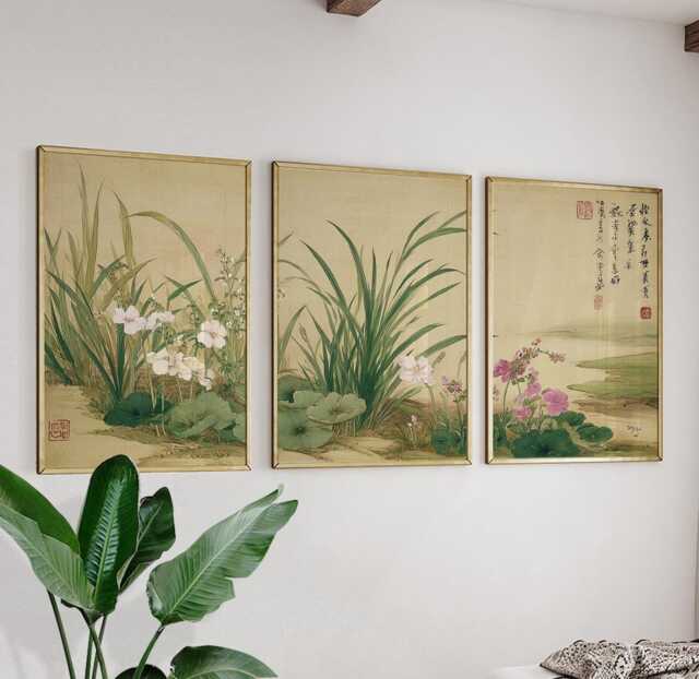 Japanese Botanical Posters Set Of 3 - Green Floral Nature Wall Art Vintage Asian Triptych Prints - image 1