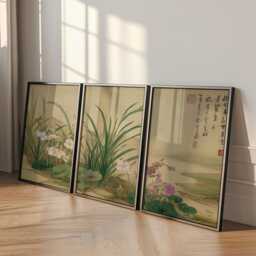 Japanese Botanical Posters Set Of 3 - Green Floral Nature Wall Art Vintage Asian Triptych Prints - thumbnail 3