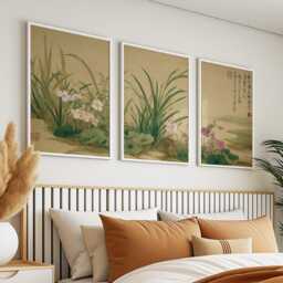 Japanese Botanical Posters Set Of 3 - Green Floral Nature Wall Art Vintage Asian Triptych Prints - thumbnail 2