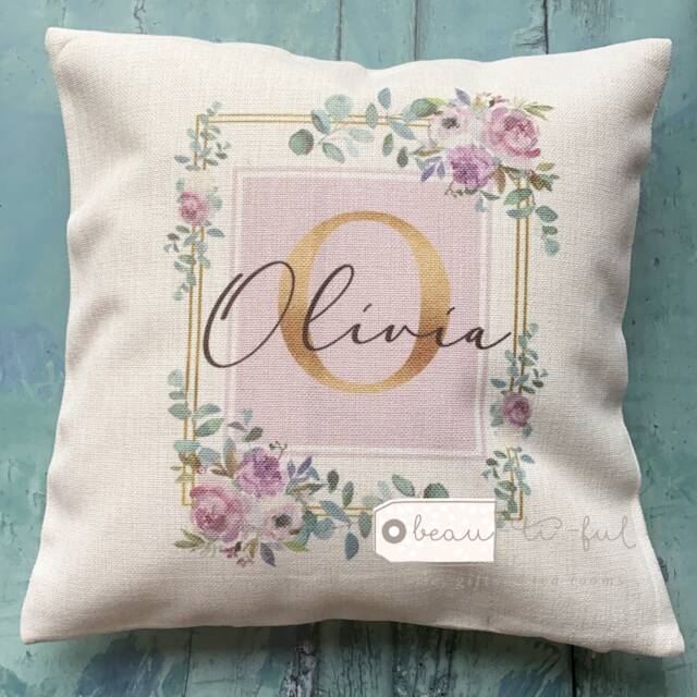 Personalised Name & Initial Lilac Floral Design Home Quote Linen Style Cushion Cover
