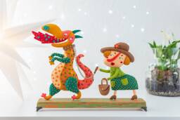 Godzilla & Old Lady Felt Sculpture Ooak Textile Art Doll