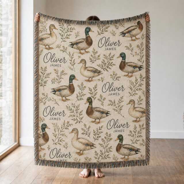 Personalized Duck Woven Blanket, Custom Name Mallard Rustic Farmhouse Baby Nursery Decor Gift - image 1