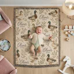 Personalized Duck Woven Blanket, Custom Name Mallard Rustic Farmhouse Baby Nursery Decor Gift - thumbnail 2