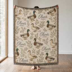 Personalized Duck Woven Blanket, Custom Name Mallard Rustic Farmhouse Baby Nursery Decor Gift - thumbnail 1