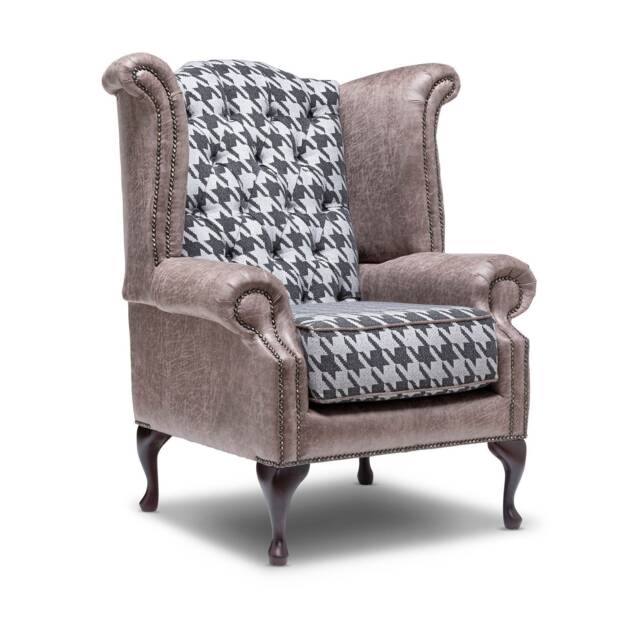 Chesterfield High Back Wing Chair in Vintage Faux Grey & Houndstooth - image 1