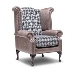 Chesterfield High Back Wing Chair in Vintage Faux Grey & Houndstooth - thumbnail 1