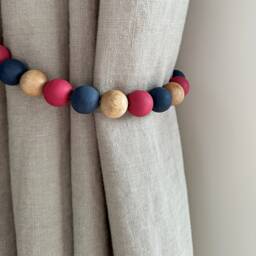 Berry Pink & Navy Blue Beaded Curtain Tie-Backs Boho Drapery Ties - thumbnail 3