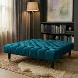 Handmade Plush Velvet Footstool - Black & Gold Cup Castor Wooden Legs Footrest, Coffee Table - thumbnail 2