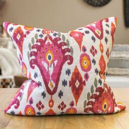Heavyweight Linen-Blend Ikat Extra-Large Cushion in Bright Pink & Orange. Moroccan Inspired Geometric Design, Backed With Velvet. 23X23