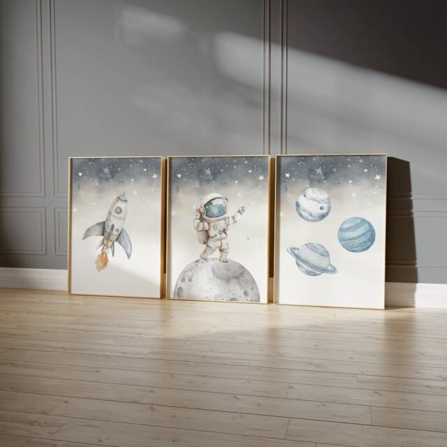 Nursery Decor Space Boy, Wall Art Space, Watercolor Prints, Astronaut Outer Prints Set Of 3 - image 1