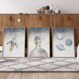 Nursery Decor Space Boy, Wall Art Space, Watercolor Prints, Astronaut Outer Prints Set Of 3 - thumbnail 3