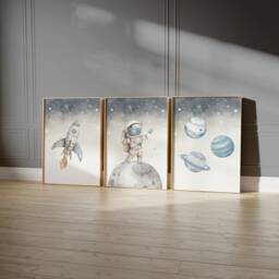 Nursery Decor Space Boy, Wall Art Space, Watercolor Prints, Astronaut Outer Prints Set Of 3 - thumbnail 1