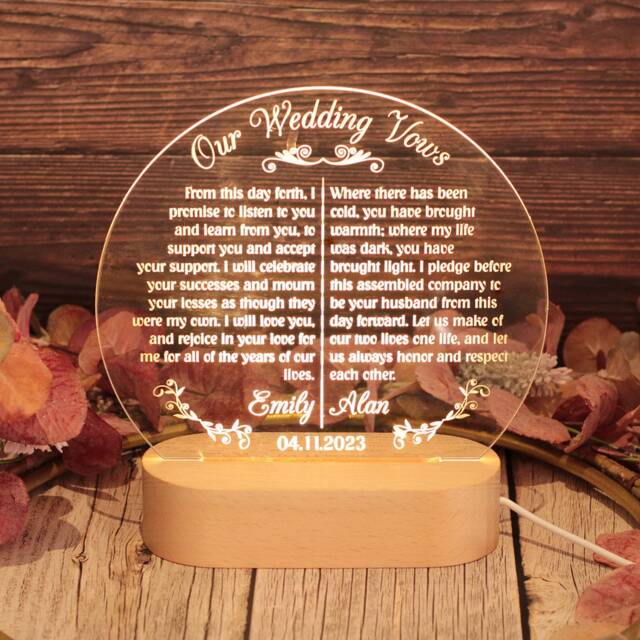 Personalised Wedding Vows Wooden Base Night Light Lamp - Anniversary Gift - image 1