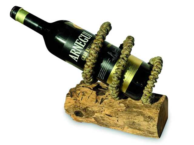 Driftwood & Rope Wine Holder Tilted, Angled Teak Root & Stand - image 1