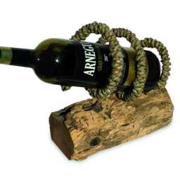 Driftwood & Rope Wine Holder Tilted, Angled Teak Root & Stand - thumbnail 2