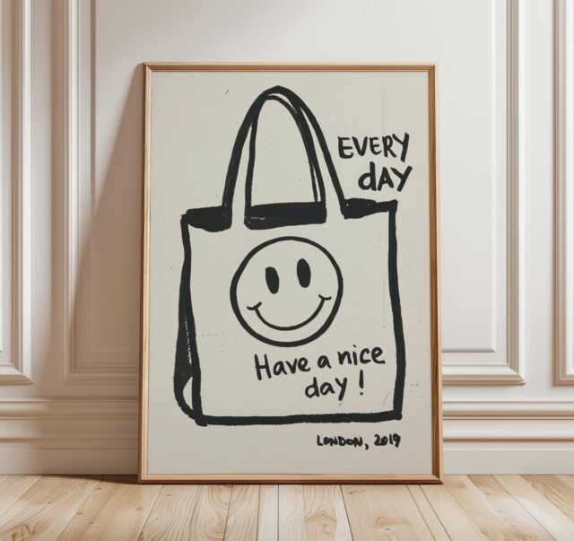 Smiley Face Poster, Minimal Line Art Print, Positive Quote Wall Art, Modern Black & White Artwork, Happy Home Decor, Uplifting Gift Idea - image 1
