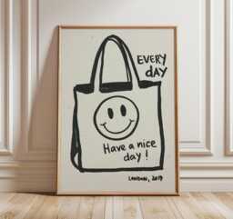 Smiley Face Poster, Minimal Line Art Print, Positive Quote Wall Art, Modern Black & White Artwork, Happy Home Decor, Uplifting Gift Idea - thumbnail 1
