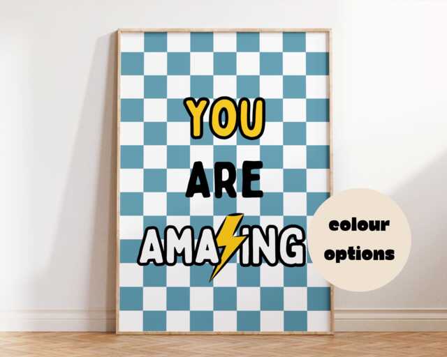You Are Amazing Wall Art - Kids Bedroom Boy Unisex Poster Positive Quotes Playroom Nursery Print Retro Checkerboard Cool Kid Fun - image 1