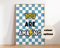 You Are Amazing Wall Art - Kids Bedroom Boy Unisex Poster Positive Quotes Playroom Nursery Print Retro Checkerboard Cool Kid Fun - thumbnail 1