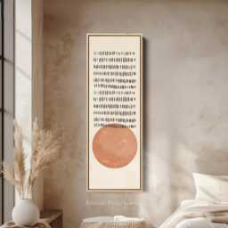 Vertical Long Narrow Terracotta Sun Abstract Tall Wall Art With Geometric Design For Boho Or Modern Living Room, Slim Portrait Canvas - thumbnail 1