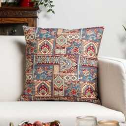 Palace Patchwork Tapestry Cushion. Old-World Persian Carpet Design in Denim Blue & Yellow Gold. 17x17