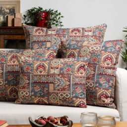 Palace Patchwork Tapestry Cushion. Old-World Persian Carpet Design in Denim Blue & Yellow Gold. 17x17 - thumbnail 2