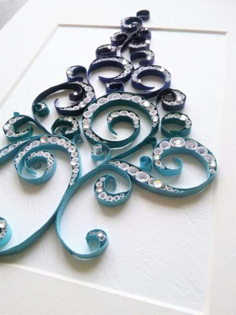 Christmas Tree Quilling Art Blue Paper Decoration With Rhinestones - image 1