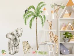 Watercolour Jungle Scene Wall Sticker Pack, Stickers, Safari Room Decor, Elephant