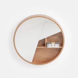 Pie Oak Wood Wall Mirror - Modern Round Design With Shelf - thumbnail 1