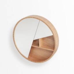 Pie Oak Wood Wall Mirror - Modern Round Design With Shelf - thumbnail 2