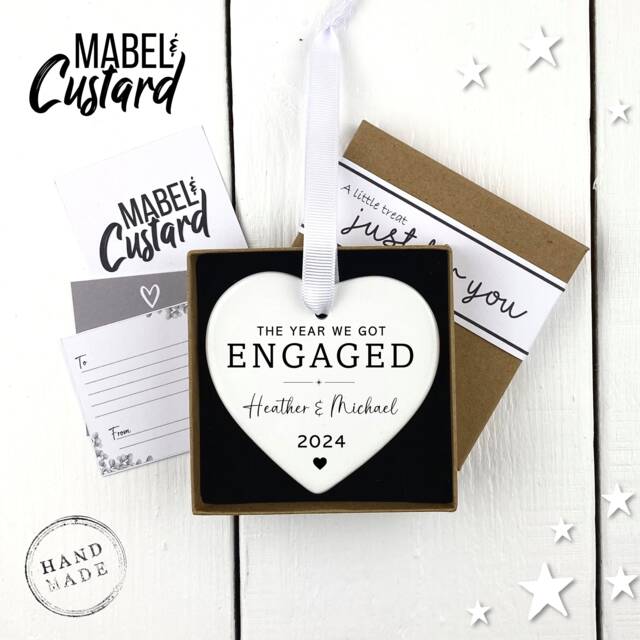 Engagement Gift - Engaged Ceramic Hanging Keepsake Personalised Date Ornament Newly Couple Bauble - image 1