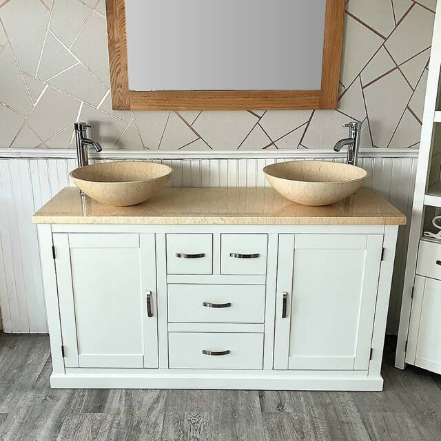 White Painted Bathroom Vanity Unit - Cabinet Double Twin Bowl Basins Cream Marble 603Pcm25cm - image 1