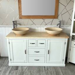 White Painted Bathroom Vanity Unit - Cabinet Double Twin Bowl Basins Cream Marble 603Pcm25cm