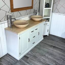 White Painted Bathroom Vanity Unit - Cabinet Double Twin Bowl Basins Cream Marble 603Pcm25cm - thumbnail 2