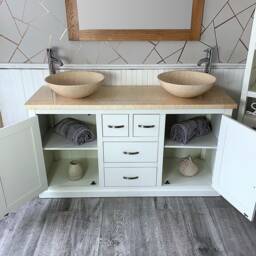 White Painted Bathroom Vanity Unit - Cabinet Double Twin Bowl Basins Cream Marble 603Pcm25cm - thumbnail 3