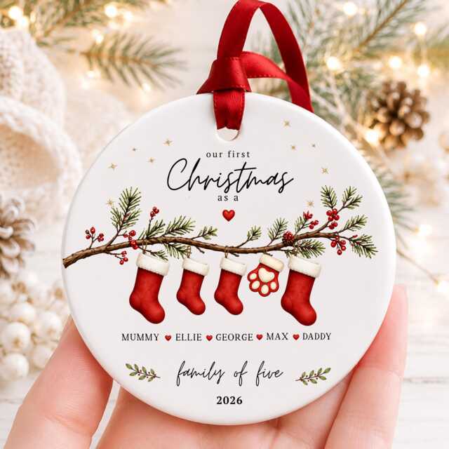 Our First Christmas As A Family Ornament Personalised Of Five Bauble Ceramic Decoration New Baby & Pet Keepsake Gift - image 1