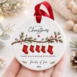 Our First Christmas As A Family Ornament Personalised Of Five Bauble Ceramic Decoration New Baby & Pet Keepsake Gift - thumbnail 2