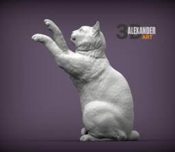 3D Printed Cat Figurinestatue With Raised Paws - thumbnail 1