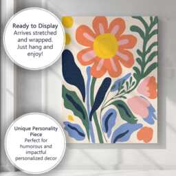Modern Botanical Garden With Coral Flower & Blue Green Leaves Canvas Wall Art Print Decor Picture Ready To Hang - thumbnail 3