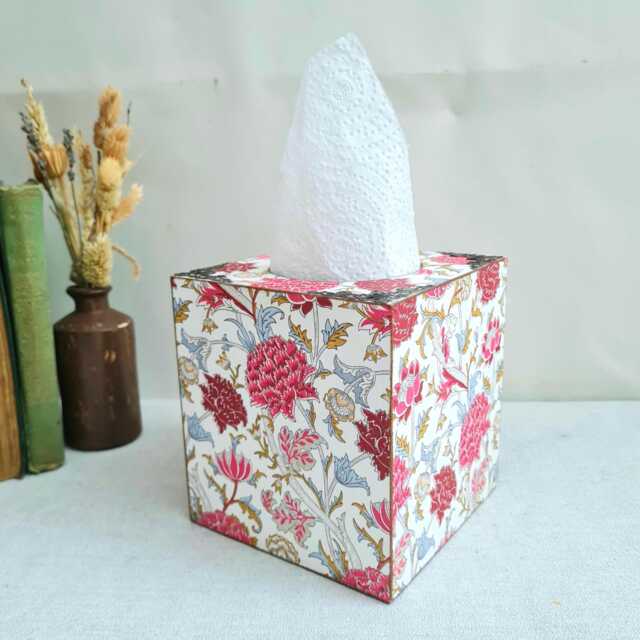 William Morris Tissue Box With Pull-Out Base, Pink Chrysanthemum Floral Wooden Cover - image 1