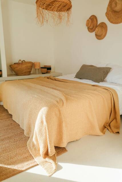 Linen Waffle Blanket in Mustard. Bedspread Queen. Waffle Sofa Cover - image 1