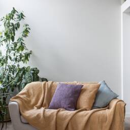 Linen Waffle Blanket in Mustard. Bedspread Queen. Waffle Sofa Cover - thumbnail 3