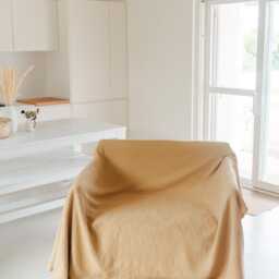 Linen Waffle Blanket in Mustard. Bedspread Queen. Waffle Sofa Cover - thumbnail 2